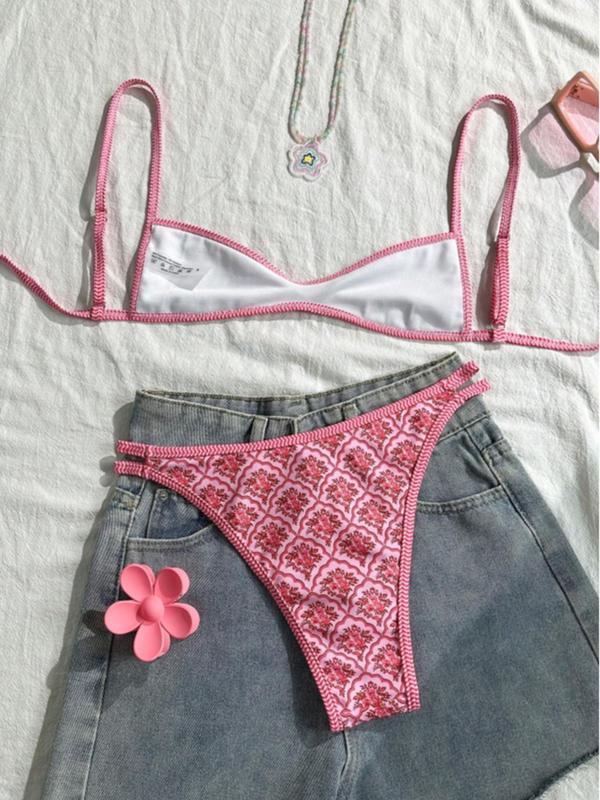 Two-Piece Set Women's Floral Print Bikini Set, Casual Fashion Chic Swimsuit Set for Beach Holiday Vacation, Ladies Summer Clothes, Bikinis Sets, Bikini Top & Floral Bikini Bottom, Beach Bathing Suit, Floral Print Spaghetti Strap Swimsuit