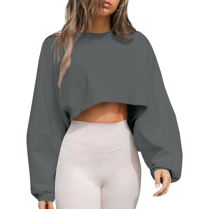 Womens Long Ballon Sleeve Sweatshirts Tops Cropped Crew Neck Loose Fit Casual Workout Shirts