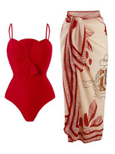 Women's Solid Twist One-piece Swimwear & Leaf Print Tie Front Cover Up Skirt Set, Boho Fashion Adjustable Strap Swimwear Set for Beach Holiday Vacation, Ladies Swimsuit for All Seasons