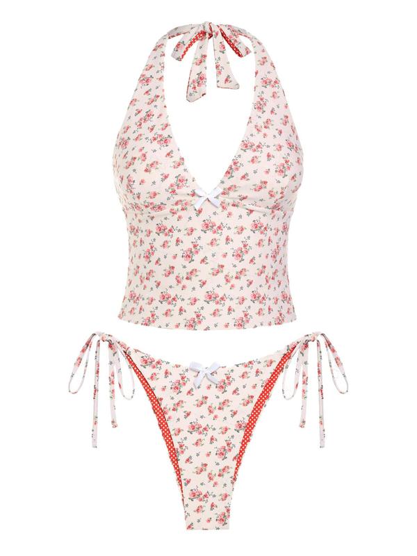 Women's Summer Beach Floral Leaves Halter Tied Tank Style Full Coverage Bikini Tankini Set Two Piece Bathing Suits