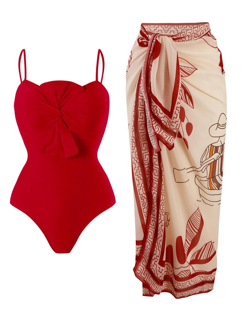 Women's Solid Twist One-piece Swimwear & Leaf Print Tie Front Cover Up Skirt Set, Boho Fashion Adjustable Strap Swimwear Set for Beach Holiday Vacation, Ladies Swimsuit for All Seasons