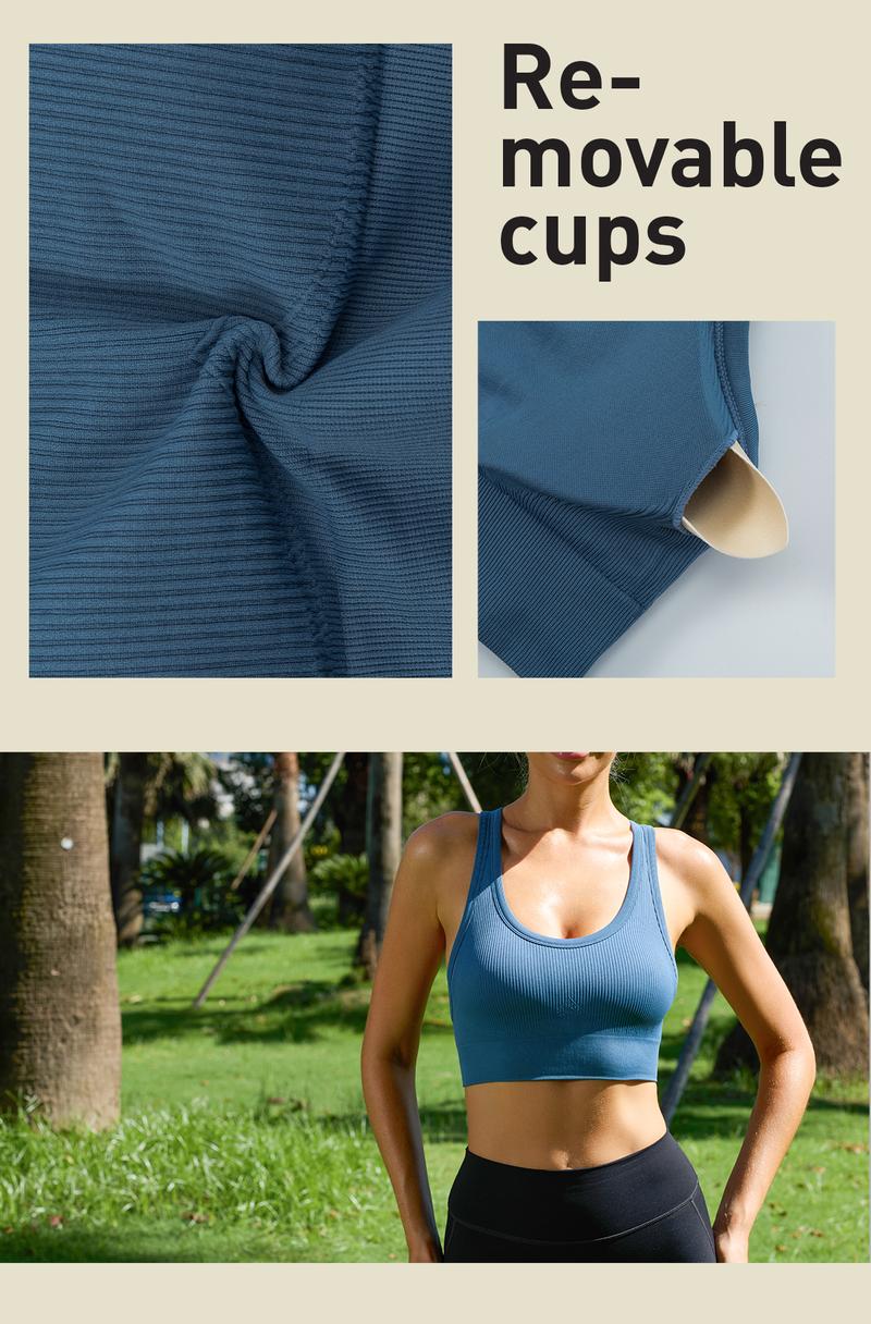 Women's High Support Sports Bra - Criss-Cross Back, Removable Cups, Medium Support, Ultra-Stretch, Moisture-Wicking, Seamless Ribbed Knit Yoga Bra with Naked Feeling