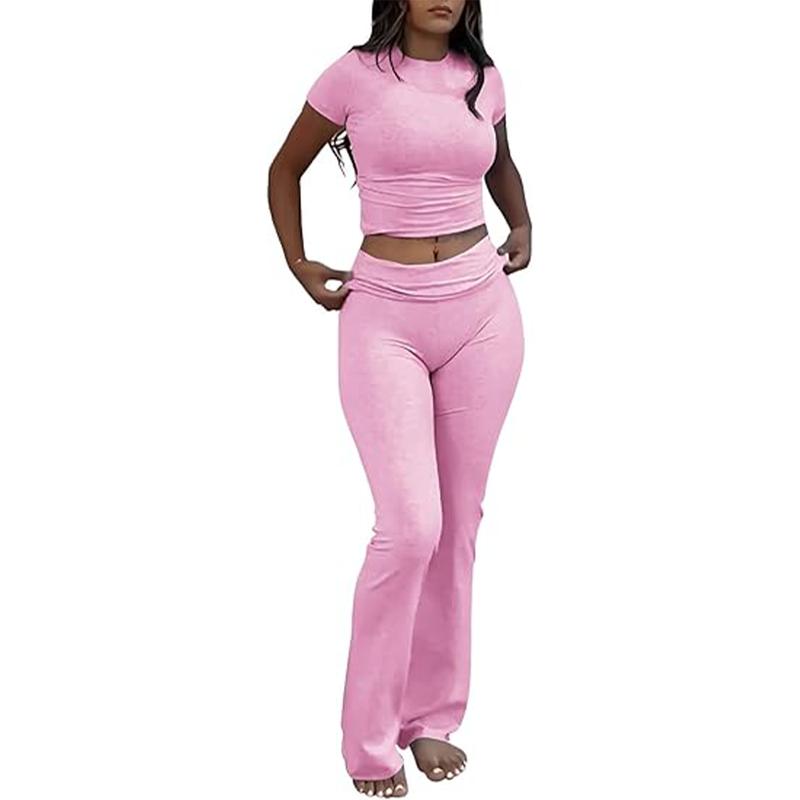 Yoga Women's two-piece casual wear slim fit short sleeved top, low waist bell bottom pants tight pants set, yoga sportswear set, yoga suit, sportswear, slim fit set, fitness set, pajamas set   tracksuits men Loungewear Womenswear Outfit