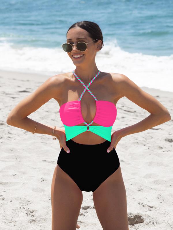 Color Block Front Cutout One Piece Swimsuit,Adjustable Bandage Design Tummy Control Neon Swimsuit for Vacation,dealsforyoudays