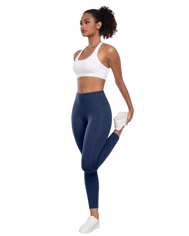 Solid Color High Waisted Yoga Pants With Pockets, Exercise Running Yoga Leggings, Tummy Control Workout Running Yoga Leggings for Women