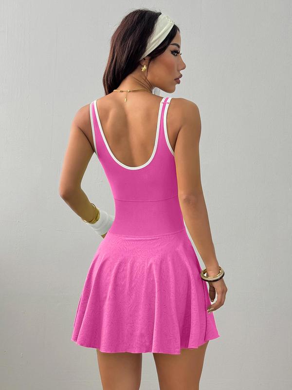 Women's Solid Contrast Trim Backless Sports Dress, High Stretch Sporty Comfortable Breathable Sports Dress with Built-in Pocket, Ladies Sportswear for All Seasons, Tennis Attire, Sporty Chic Dress, Gym Dress, Tennis Athletic Dress, Yoga Active Dress