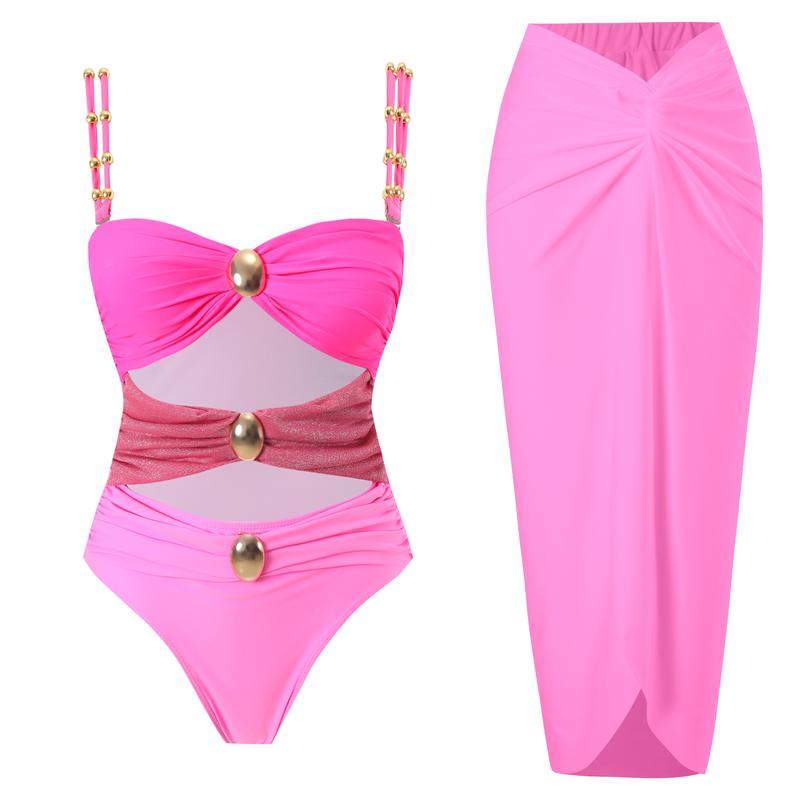 Women’s Metal Design 2 Piece Cut Out Color Block Sexy Swimsuit With Cover Up Skirt