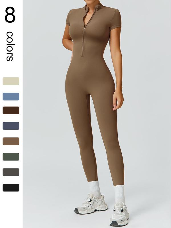 Women's High Elastic Soft Collar Half-zip Tight Waist Tight Hip Yoga Suit Outdoor Running, Cycling, Mountaineering, Walking, Naked Body Clothes Gym Sports Training All-match Short-sleeved Pants, Workout Gym Clothing, Sportswear Jumpsuits