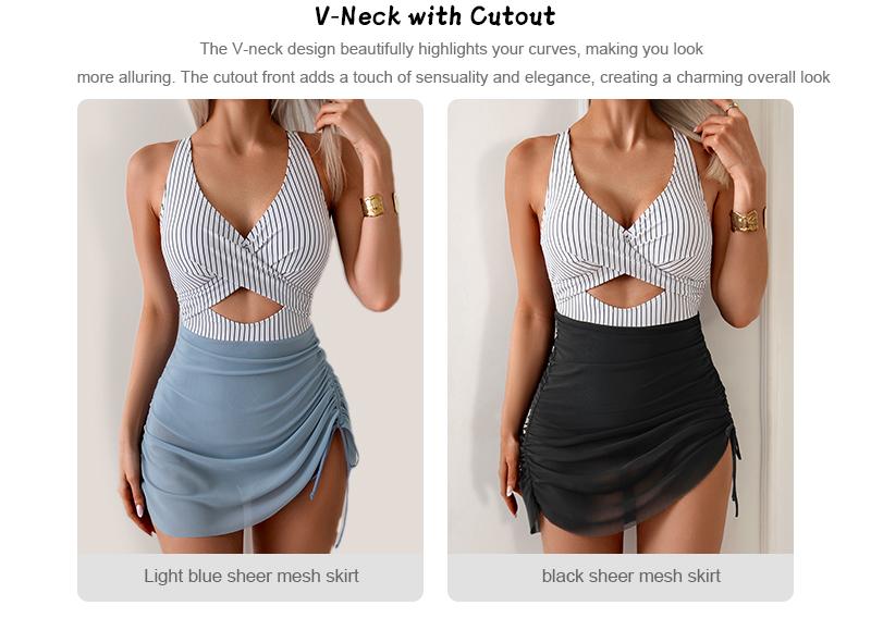 Women Mesh One Piece Swimdress Swimsuit Tummy Control V Neck Cutout Bathing Suit Wrap Drawstring Sarong Swimwear Deals for You Days