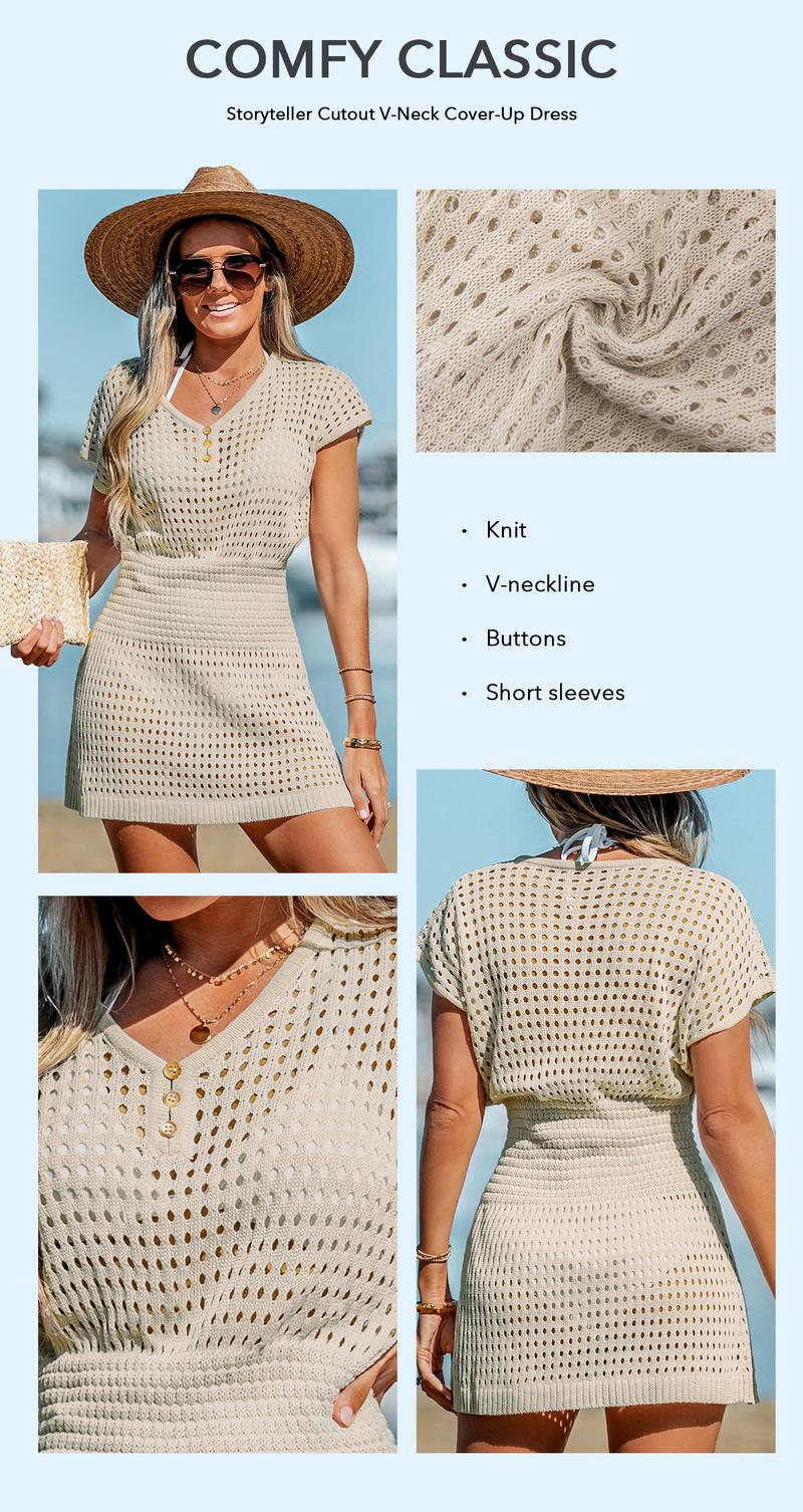 Women's Swimwear Hollow Out Crochet Beach Cover Up Summer Dresses V Neck Swimsuit Short Sleeve Summer Womenswear Bathing Suits #TikTokShopBacktoSchool