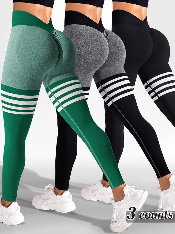 Sporty Women's Striped Print Ruched V-waist Back Sports Leggings, High Stretch Seamless Yoga Leggings, Ladies Sportswear for Indoor Outdoor Wear, Tummy Control Leggings, Legging Pants, Legging Fitness, Gym Yoga Clothing
