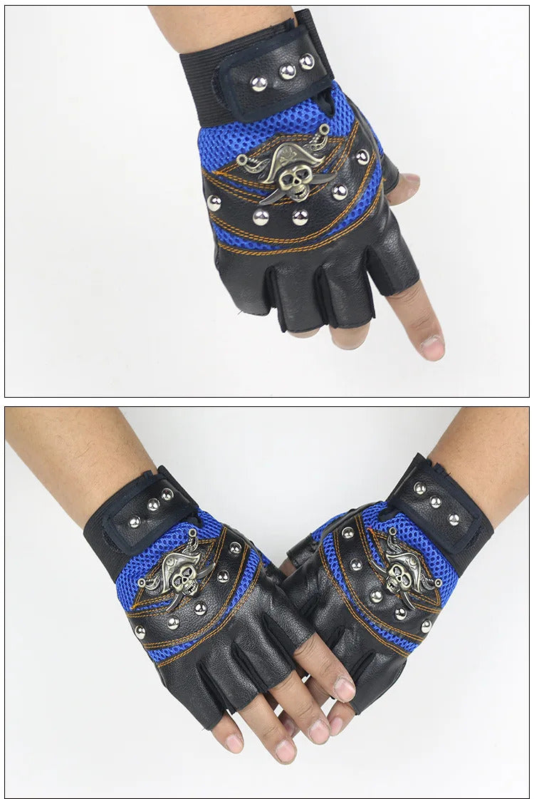 Punk Skulls Rivet PU Leather Gloves Men Women Fashion Hip Hop Anti-slip Half Finger Gloves Summer Cycling Motorcycle Accessories