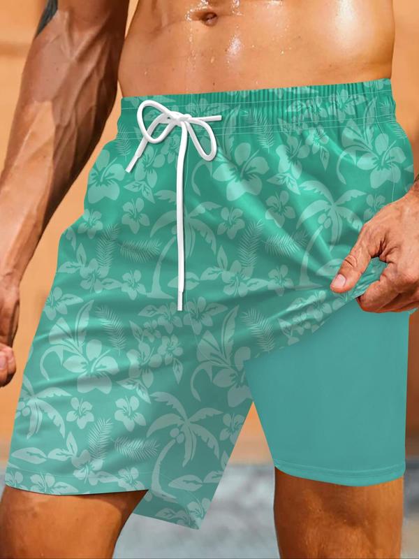 Men's All Over Print 2 in 1 Drawstring Waist Swimming Beach Shorts, Casual Quick Drying Swim Shorts for Summer, Men's Swimwear for Beach Vacation Outdoor, Clothing, Summer Swim Bottoms, Summer Swim Trunks, Swimbottoms, Swimtrunks