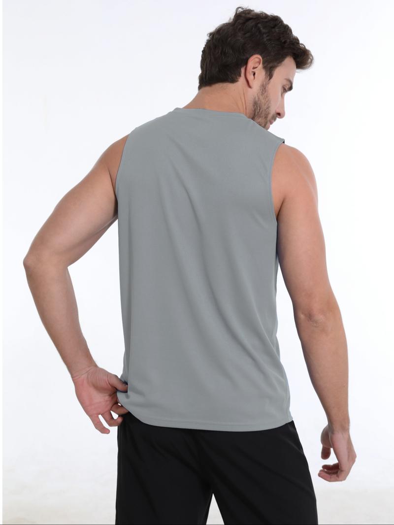 Men's Solid Round Neck Sports Vest, Breathable Comfortable Quick Drying Tank Top for Running Outdoor Exercise Basketball Training, Sport & Outdoor Clothing for Summer, Gym Casual Wear, Sleeveless Sports Vest