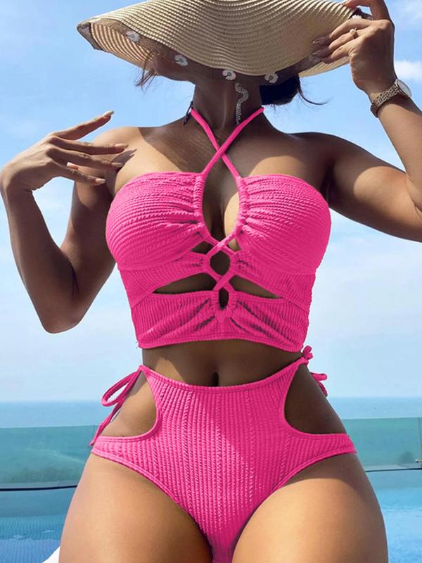 Women's Criss Cross Cut Out Ruched Ribbed Bikini Set, Solid Tie Back Halter Swim Top & High Waist Tie Side Swim Bottom, Bathing Suits for Summer Two Piece Set Women, Swimsuit for Women, Bikinis Sets, Swimwear Set