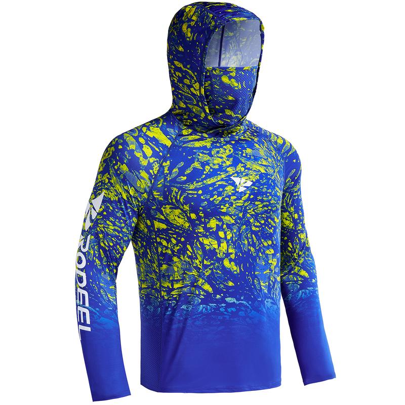 Sun UV Protection Hoodie Shirts, UPF 50+ Men Raglan Long Sleeve Lightweight Quick Dry Breathable Cooling Rash Guard with Mask Neck Gaiter for Outdoor, Hiking, Fishing, Boating, Biking, Sport, Gym, Constructing, Roofing, Landscaping, Gardening 915