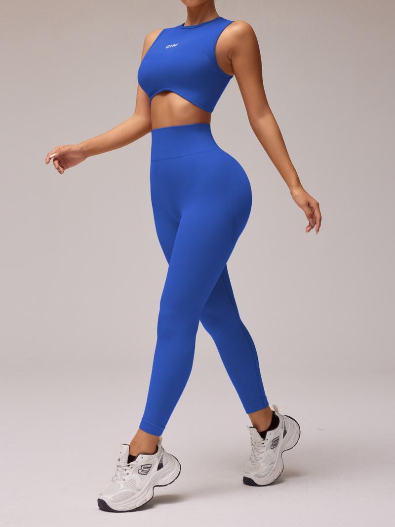Women's Letter Pattern Crop Tank Top & High Waist Leggings Tracksuit Set, Casual Comfy Breathable Seamless for Yoga Gym Workout Running, Ladies Sportswear for All Seasons, Workout Clothes, Fitness Clothes, Sleeveless Gym Tops, Athleisure Wear