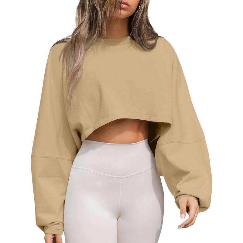 Womens Long Ballon Sleeve Sweatshirts Tops Cropped Crew Neck Loose Fit Casual Workout Shirts