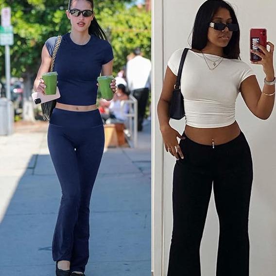 Yoga Women's two-piece casual wear slim fit short sleeved top, low waist bell bottom pants tight pants set, yoga sportswear set, yoga suit, sportswear, slim fit set, fitness set, pajamas set   tracksuits men Loungewear Womenswear Outfit