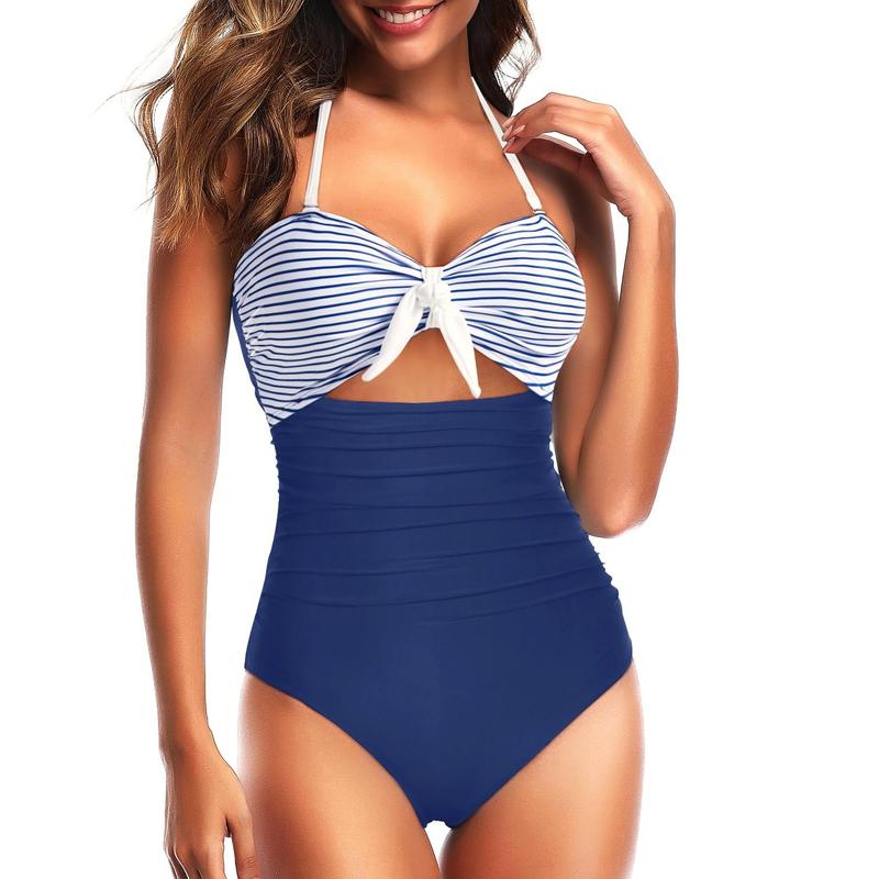 Women Sexy Cutout One Piece Swimsuits Tummy Control High Waisted Halter Front Tie Knot Bathing Suit Plus Size Full Coverage Swimsuit for Women