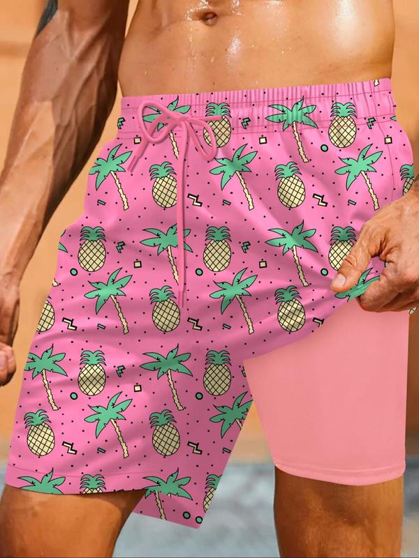 Men's All Over Print 2 in 1 Drawstring Waist Swimming Beach Shorts, Casual Quick Drying Swim Shorts for Summer, Men's Swimwear for Beach Vacation Outdoor, Clothing, Summer Swim Bottoms, Summer Swim Trunks, Swimbottoms, Swimtrunks