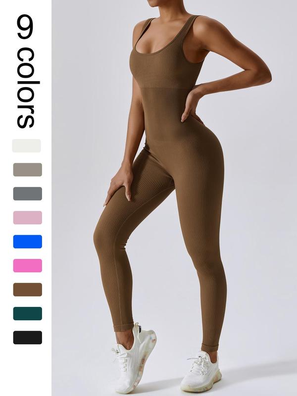 Women's Seamless One-Piece Hip Lift Crew Neck Tummy Control Jumpsuit with Tank Top, Tummy Control Dance & Fitness & Workout Set, Stretch Sportswear for Outdoor Activities, Yoga Jumpsuit