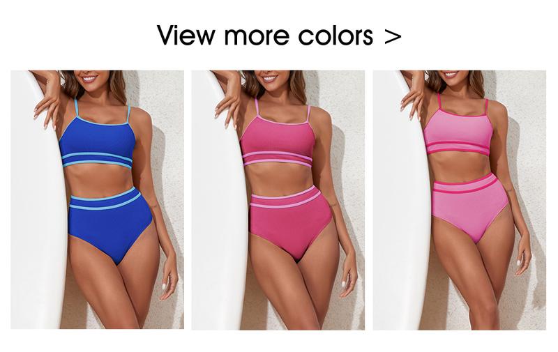 Women's Ribbed Bikini Sets Color Block Swimsuit High Waisted Bathing Suit Swimming Clothing Beach Water Sports Swimwear