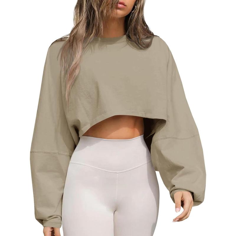 Womens Long Ballon Sleeve Sweatshirts Tops Cropped Crew Neck Loose Fit Casual Workout Shirts