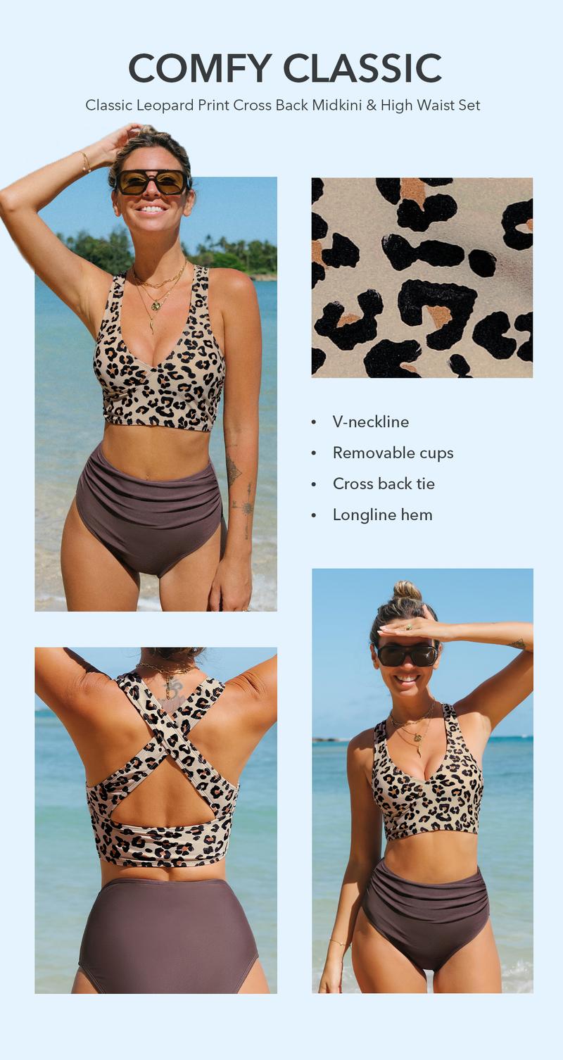 Classic Leopard Print Cross Back Midkini & High Waist Bikini Set Stylish Beachwear V Neck Cutout Swimwear Casual Swimsuit(XS-XXL) Bathing Suits #TikTokShopBacktoSchool