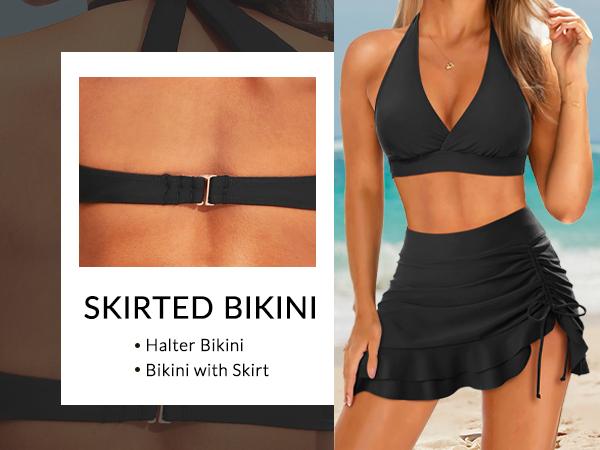 Womens High Waisted Bikini with Skirt Two Piece Swimsuit with Tummy Control Halter Bathing Suit V Neck Bikini Top with Built-in Bottom Bikini Skirt Full Coverage Bikini  dealsforyoudays