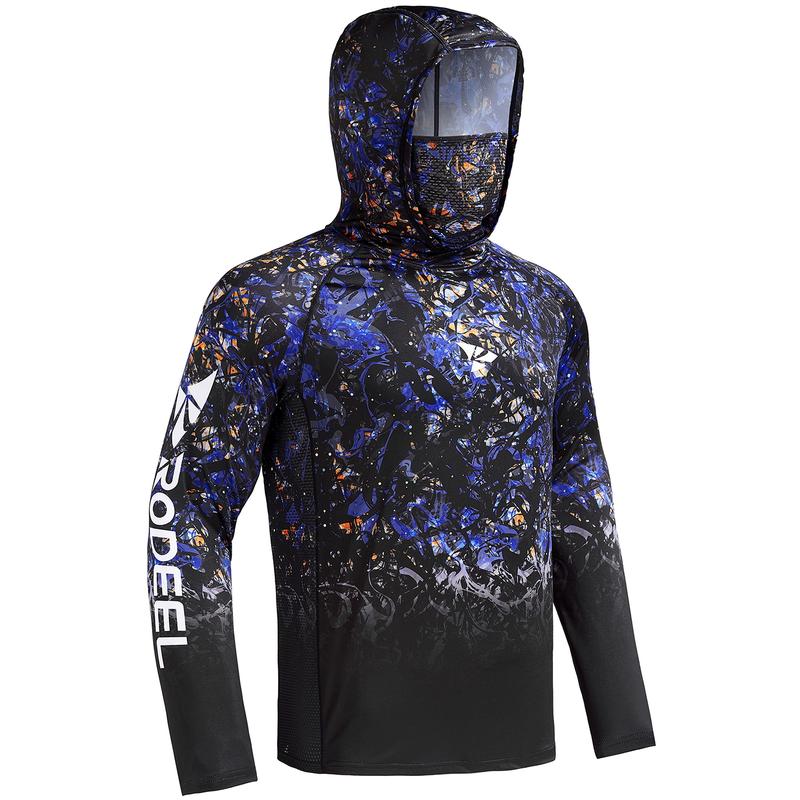 Sun UV Protection Hoodie Shirts, UPF 50+ Men Raglan Long Sleeve Lightweight Quick Dry Breathable Cooling Rash Guard with Mask Neck Gaiter for Outdoor, Hiking, Fishing, Boating, Biking, Sport, Gym, Constructing, Roofing, Landscaping, Gardening 915