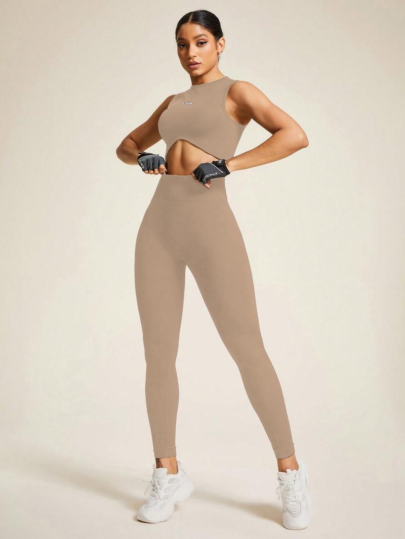 Women's Letter Pattern Crop Tank Top & High Waist Leggings Tracksuit Set, Casual Comfy Breathable Seamless for Yoga Gym Workout Running, Ladies Sportswear for All Seasons, Workout Clothes, Fitness Clothes, Sleeveless Gym Tops, Athleisure Wear