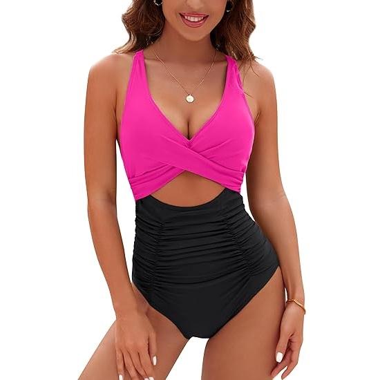 Womens One Piece Swimsuits Push Up Tummy Control Bathing Suits V Neck Cutout Modest Swimwear #dealsforyoudays#TikTokShopBacktoSchool