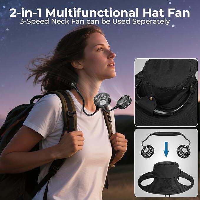 AMACOOL 2-in-1 Hands-Free Hat Fan with Detachable Neck Fan, Wide Brim Sun Hat, 3-Speed, 2600mAh Rechargeable for Outdoor Fishing Camping Beach Travel Back to School Gift