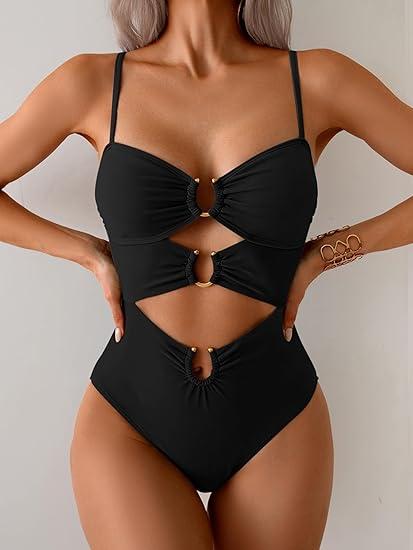 One Piece Swimsuit for Women Ring Linked Monokini Sexy Bathing Suit Cutout Swim Suit Outdoorfun