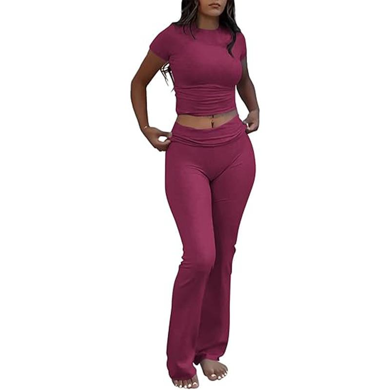 Yoga Women's two-piece casual wear slim fit short sleeved top, low waist bell bottom pants tight pants set, yoga sportswear set, yoga suit, sportswear, slim fit set, fitness set, pajamas set   tracksuits men Loungewear Womenswear Outfit