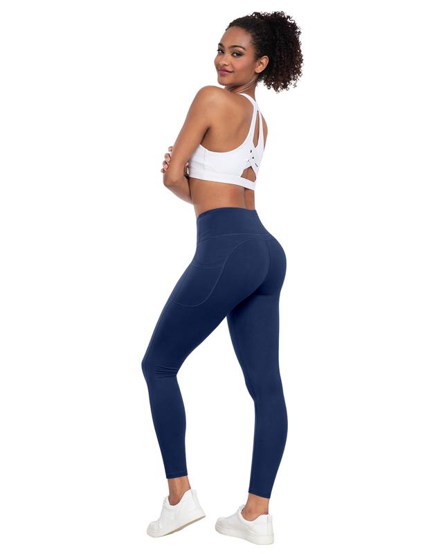 Solid Color High Waisted Yoga Pants With Pockets, Exercise Running Yoga Leggings, Tummy Control Workout Running Yoga Leggings for Women