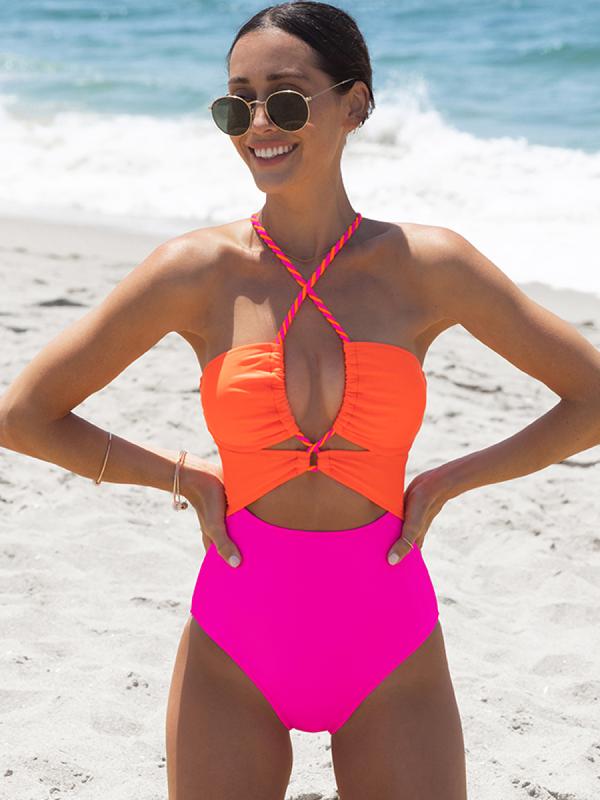 Color Block Front Cutout One Piece Swimsuit,Adjustable Bandage Design Tummy Control Neon Swimsuit for Vacation,dealsforyoudays