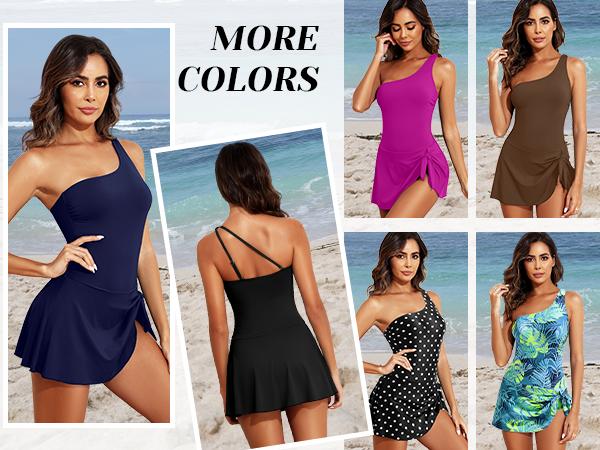 Women One Piece Swim Dress One Shoulder Swimsuit with Skirt Tummy Control Swimdress Swimming Bathing Suit  dealsforyoudays
