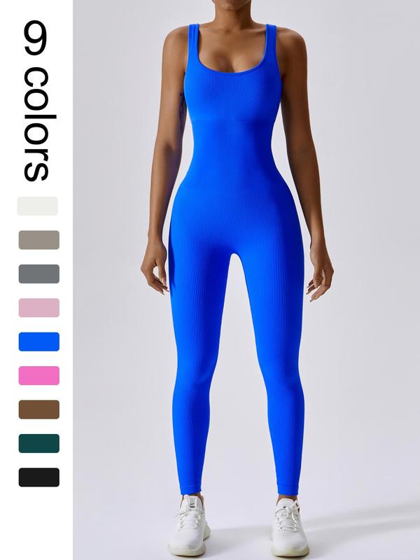 Women's Seamless One-Piece Hip Lift Crew Neck Tummy Control Jumpsuit with Tank Top, Tummy Control Dance & Fitness & Workout Set, Stretch Sportswear for Outdoor Activities, Yoga Jumpsuit