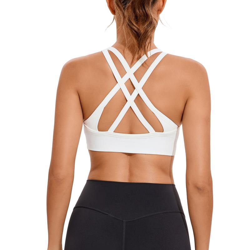 Women's High Support Sports Bra - Criss-Cross Back, Removable Cups, Medium Support, Ultra-Stretch, Moisture-Wicking, Seamless Ribbed Knit Yoga Bra with Naked Feeling