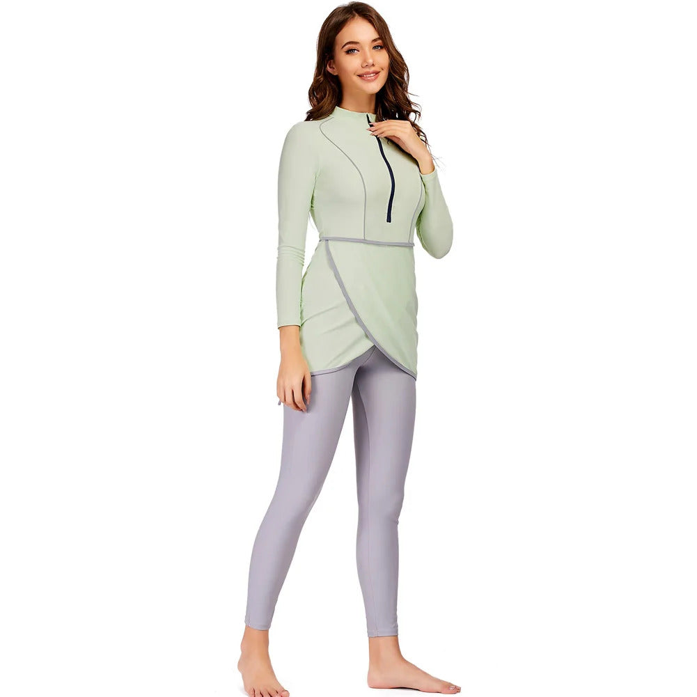 New Muslim Swimwear Women Modest Patchwork Hijab Long Sleeves Sport Swimsuit 3pcs Islamic Burkinis Wear Bathing Suit