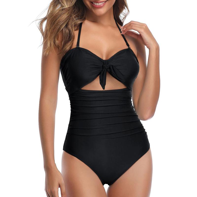 Women Sexy Cutout One Piece Swimsuits Tummy Control High Waisted Halter Front Tie Knot Bathing Suit Plus Size Full Coverage Swimsuit for Women