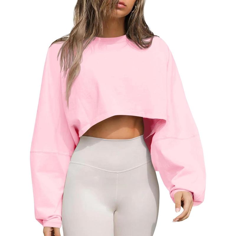 Womens Long Ballon Sleeve Sweatshirts Tops Cropped Crew Neck Loose Fit Casual Workout Shirts