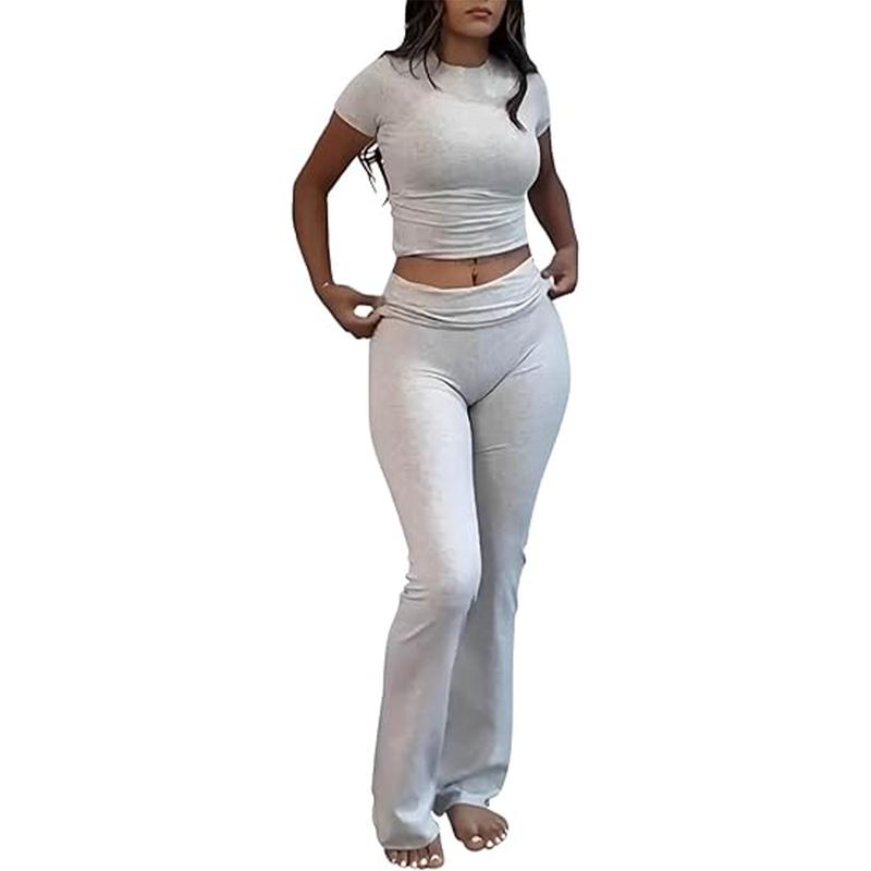 Yoga Women's two-piece casual wear slim fit short sleeved top, low waist bell bottom pants tight pants set, yoga sportswear set, yoga suit, sportswear, slim fit set, fitness set, pajamas set   tracksuits men Loungewear Womenswear Outfit