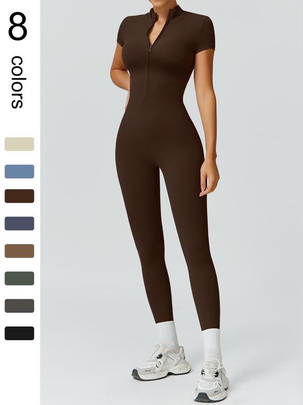 Women's High Elastic Soft Collar Half-zip Tight Waist Tight Hip Yoga Suit Outdoor Running, Cycling, Mountaineering, Walking, Naked Body Clothes Gym Sports Training All-match Short-sleeved Pants, Workout Gym Clothing, Sportswear Jumpsuits