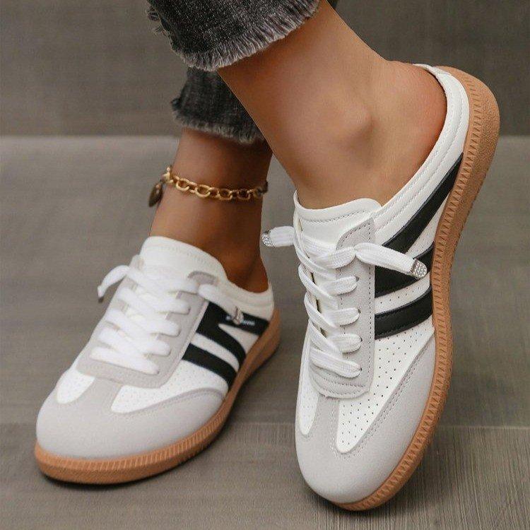 Women's Fashionable Patchwork Lace Up Low Top Casual Flat Sneakers , Casual Comfortable Sports Walking Shoes for Daily Wear, GAT Female All-match Round Toe Casual Shoes for Women & Girls