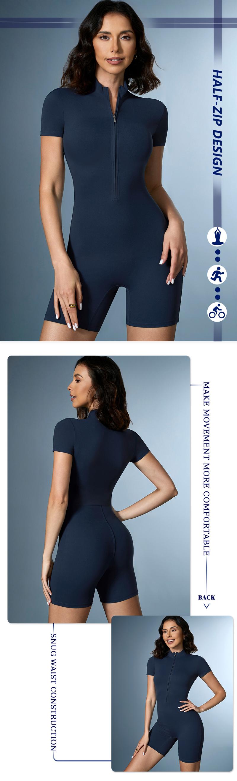 Women's Solid Zipper Mock Neck Sports Romper,  Summer Clothes Women, Casual Sporty Activewear One-piece Sports Romper for Yoga Gym Workout Running