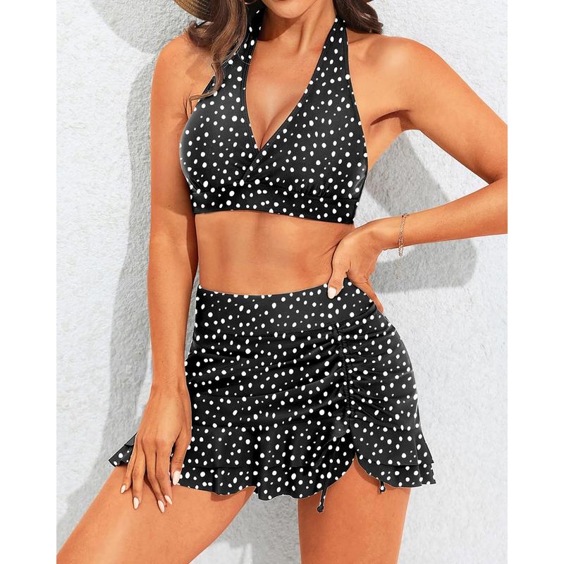 Womens High Waisted Bikini with Skirt Two Piece Swimsuit with Tummy Control Halter Bathing Suit V Neck Bikini Top with Built-in Bottom Bikini Skirt Full Coverage Bikini  dealsforyoudays
