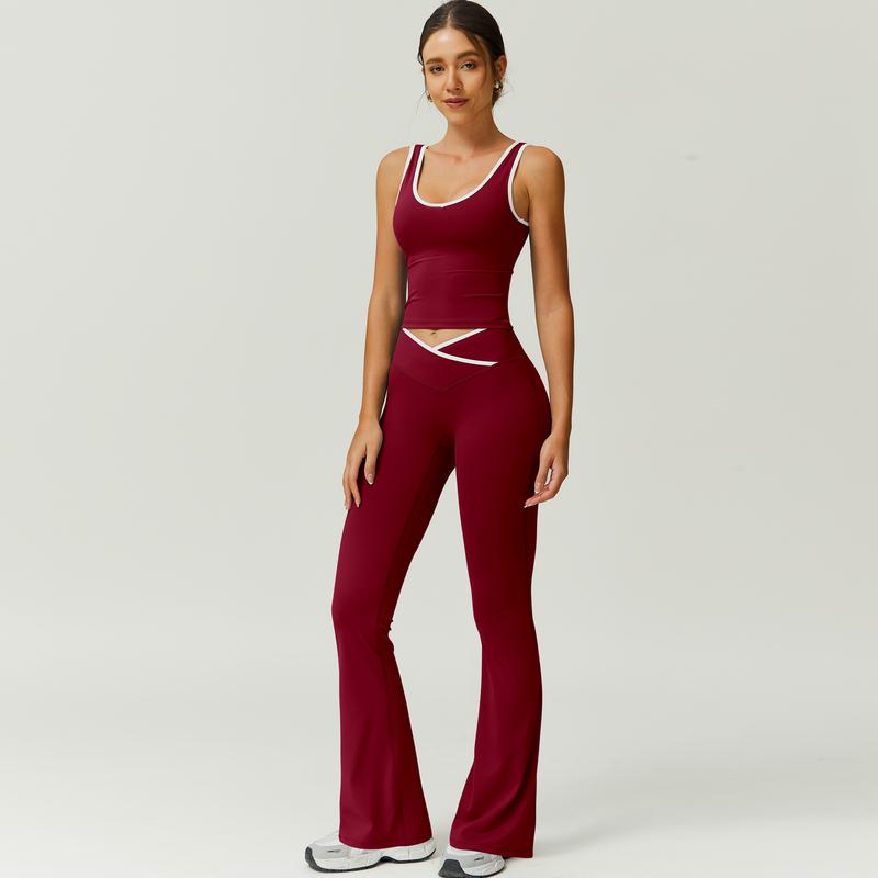 Color Block U-Neck Piped Tank & Bell Bottom Set , Stretch Fabric, Flared Fit , Yoga, Gym, Outdoor & Daily Athleisure , Wome Stylish Activewearn's Summer Lounge Sweatsuits Sleeveless Exercise
